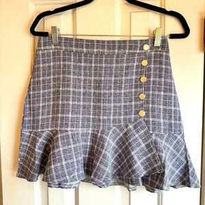 Grey Plaid Coquette, Preppy mini skirt w/ ruffle & 5 brass buttons size large.